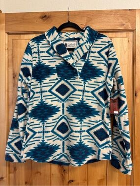 Outback Trading Company Teal & Cream Geometric Fleece Pullover